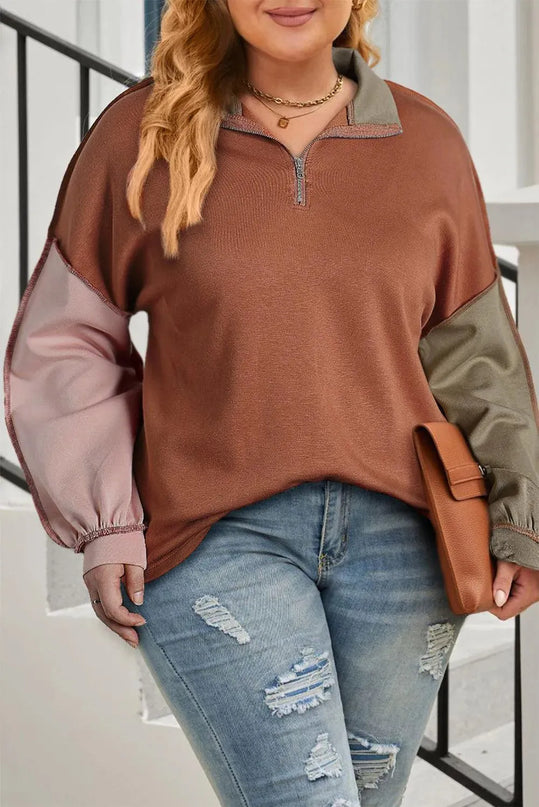 Color Block Plus Size Quarter Zip Sweatshirt with Exposed Seams