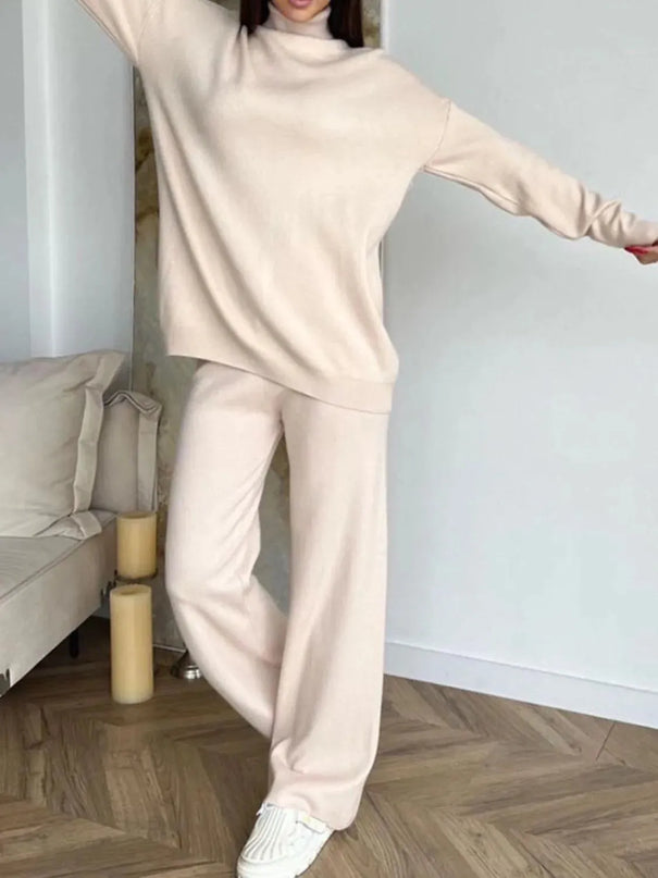 Turtleneck Long Sleeve Top and Drawstring Pants Sweater Set - ShopEasier