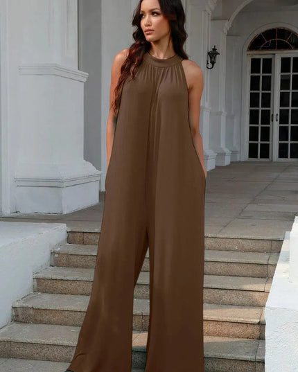 Double Take Full Size Tie Back Cutout Sleeveless Jumpsuit - ShopEasier