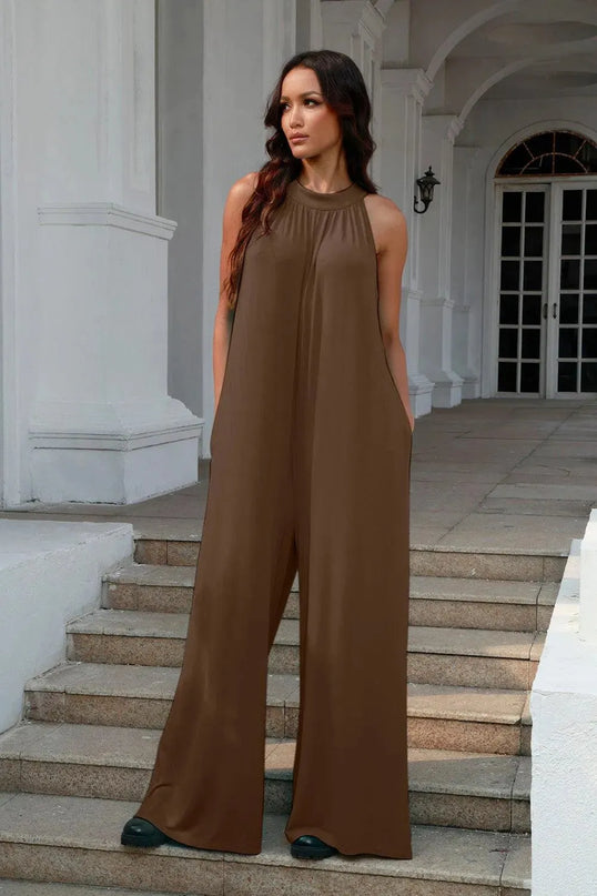 Double Take Full Size Tie Back Cutout Sleeveless Jumpsuit - ShopEasier