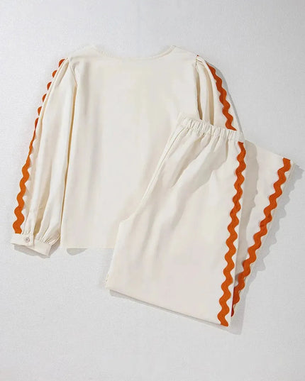 Cozy Round Neck Long Sleeve Top with Adjustable Drawstring Pants Set