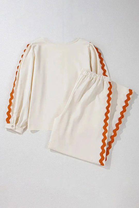 Cozy Round Neck Long Sleeve Top with Adjustable Drawstring Pants Set