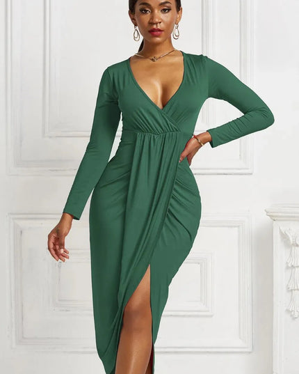 High-low Ruched Surplice Long Sleeve Dress