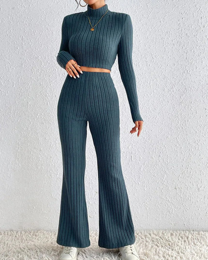 Honey Ribbed Mock Neck Cropped Sweater & High Waist Pants Set - ShopEasier