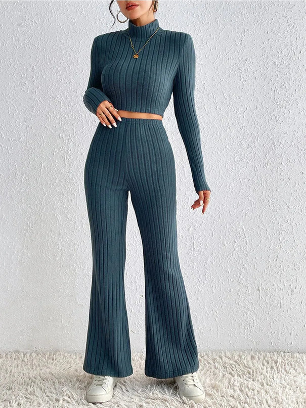 Honey Ribbed Mock Neck Cropped Sweater & High Waist Pants Set - ShopEasier