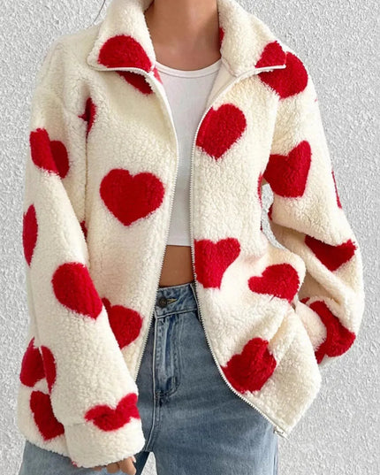 Heart Zip Up Drop Shoulder Furry Jacket - ShopEasier