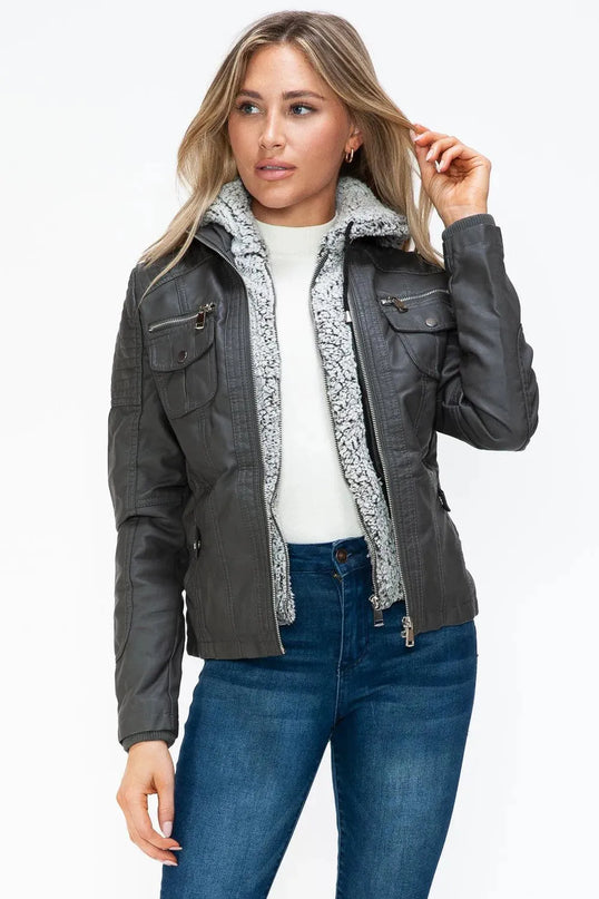 YMI Removable Faux Layered Multi-Pocket Jacket with Fuzzy Hood - ShopEasier