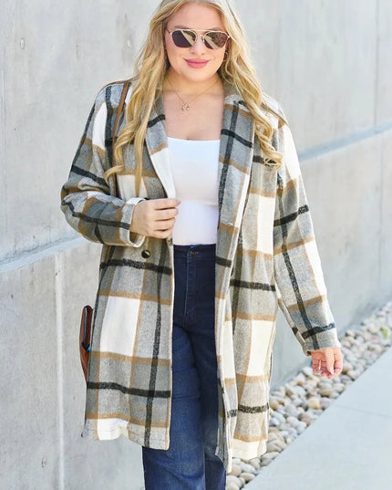 Plaid Button-Up Lapel Coat with Pockets - Full Size Double Take Design