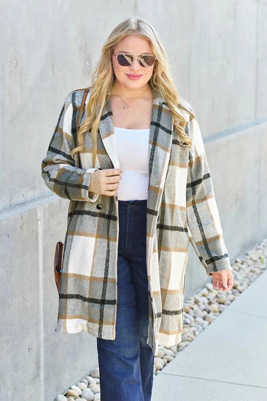 Plaid Button-Up Lapel Coat with Pockets - Full Size Double Take Design