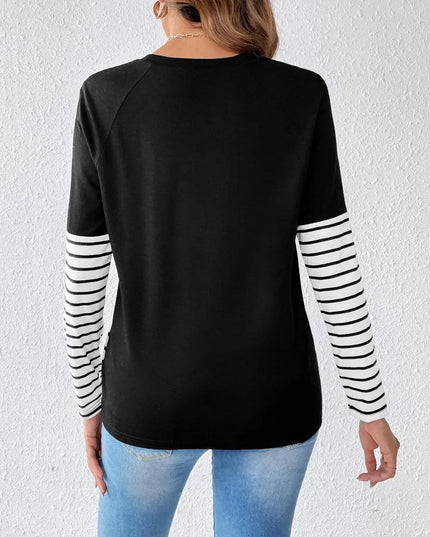 Contrast Striped Long Sleeve Round Neck Tee