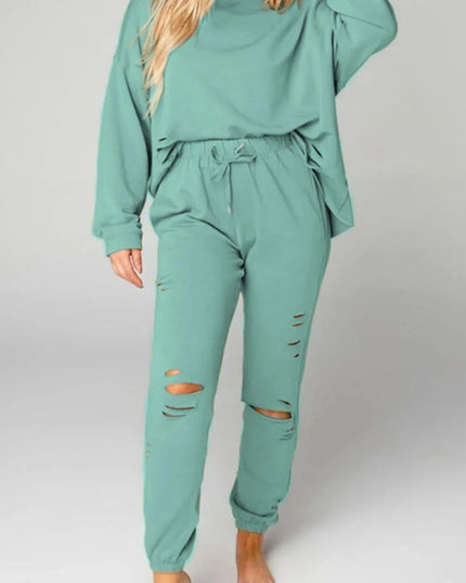 Casual Distressed Two-Piece Hoodie and Jogger Set