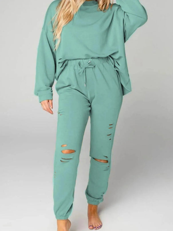 Casual Distressed Two-Piece Hoodie and Jogger Set