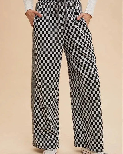 Annie Wear Drawstring Checkered Wide Leg Pants