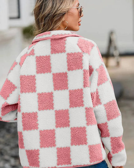 Checkered Snap Down Long Sleeve Teddy Jacket - ShopEasier