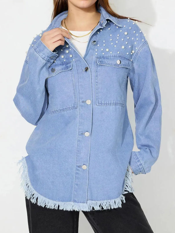 Raw Hem Pearl Trim Collared Neck Denim Top - ShopEasier