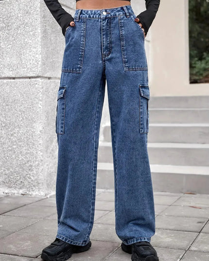 High Rise Straight Jeans with Cargo Pockets - ShopEasier