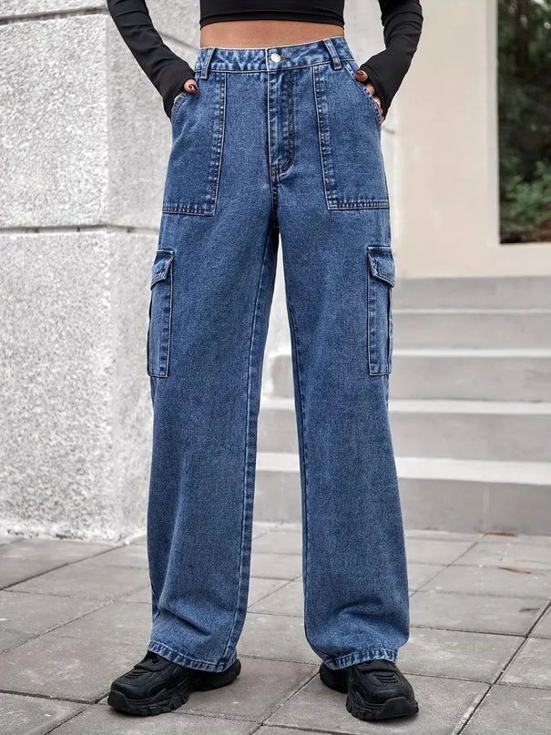 High Rise Straight Jeans with Cargo Pockets - ShopEasier