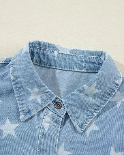 Raw Hem Star Collared Neck Denim Top - ShopEasier