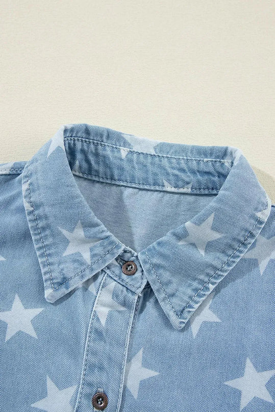 Raw Hem Star Collared Neck Denim Top - ShopEasier