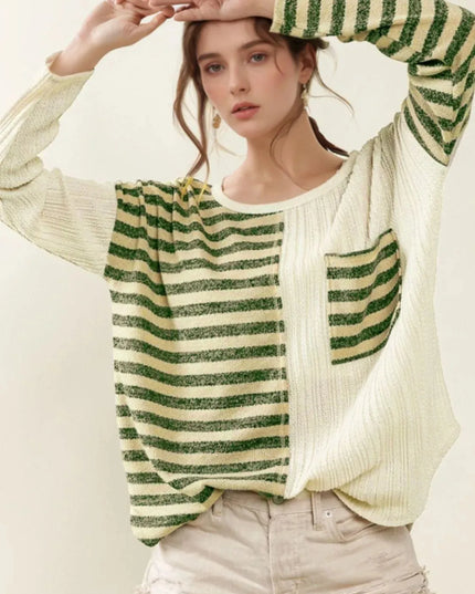 Pocketed Striped Long Sleeve Top with Round Neck