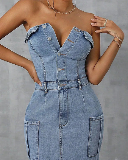 Slit Half Button Tube Denim Dress - ShopEasier