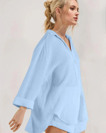 Basic Bae Breathable Button Down Long Sleeve Top and Shorts Set - ShopEasier