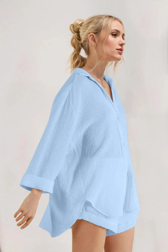 Basic Bae Breathable Button Down Long Sleeve Top and Shorts Set - ShopEasier