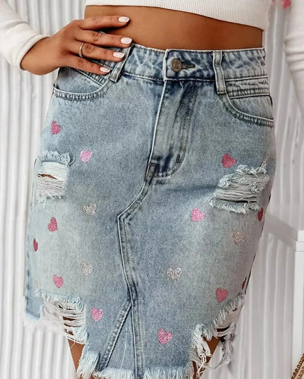 Distressed Heart-Shaped Mini Denim Skirt with Raw Hem