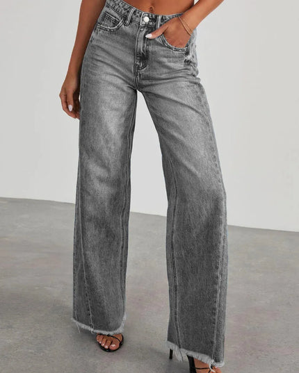 Raw Hem Wide Leg Jeans with Pockets - ShopEasier