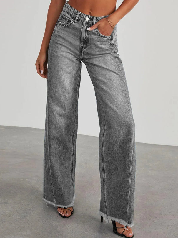 Raw Hem Wide Leg Jeans with Pockets - ShopEasier