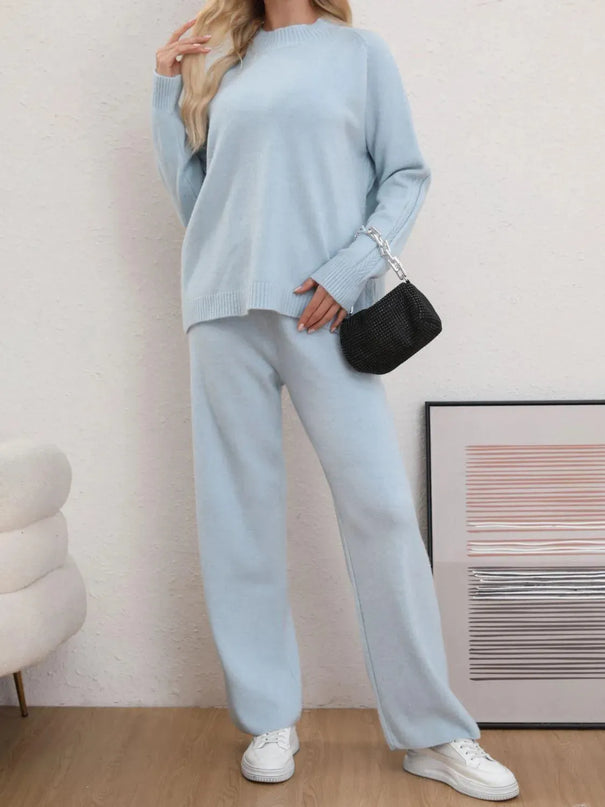 Mock Neck Long Sleeve Top and Pants Sweater Set - ShopEasier