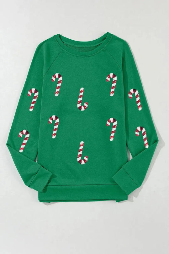 Candy Cane Round Neck Long Sleeve Sweatshirt - ShopEasier