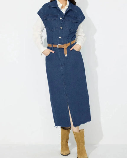 Slit Half Button Collared Neck Cap Sleeve Denim Dress - ShopEasier