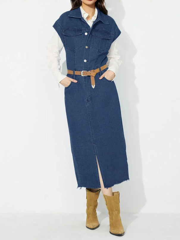 Slit Half Button Collared Neck Cap Sleeve Denim Dress - ShopEasier