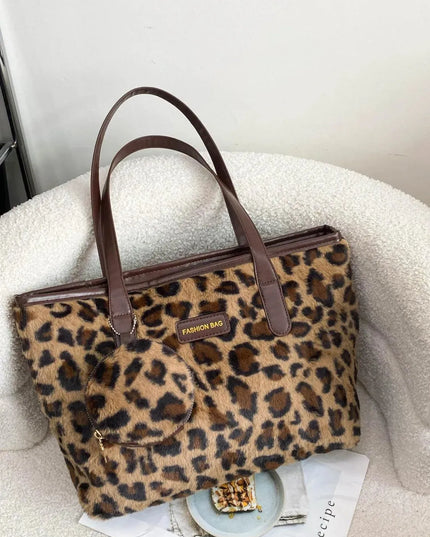 Leopard Faux Fur Tote Bag with Coin Purse