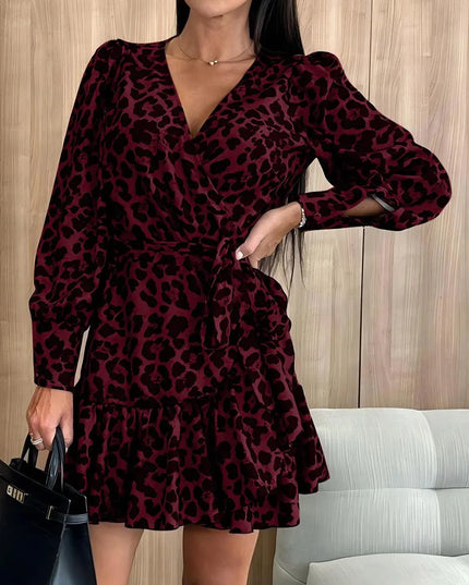 Tied Leopard Surplice Long Sleeve Dress