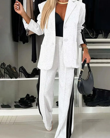 Full Size Contrast Lapel Collar Top and Pants Set - ShopEasier