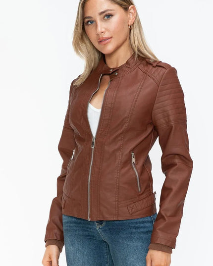 Snobbish PU Leather Biker Jacket with Side Zip Pockets - ShopEasier