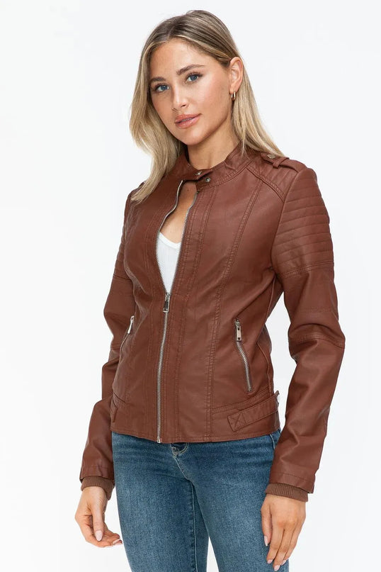 Snobbish PU Leather Biker Jacket with Side Zip Pockets - ShopEasier