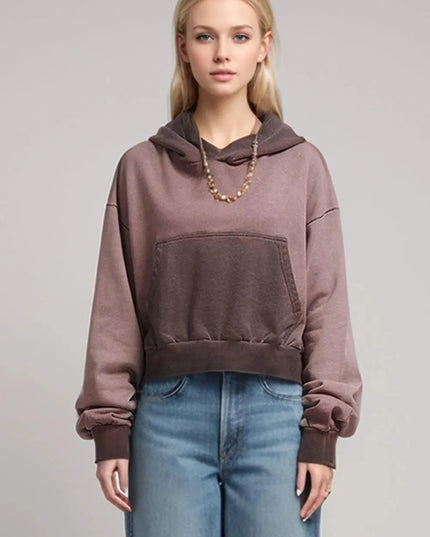 Cropped Cotton Hoodie with Kangaroo Pocket and Long Sleeves