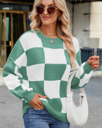 Checkered Round Neck Long Sleeve Sweater - ShopEasier