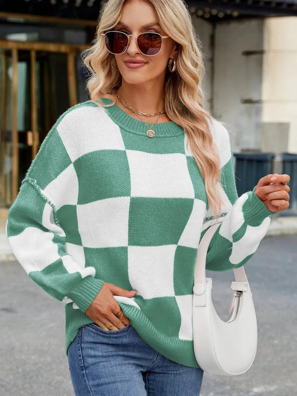 Checkered Round Neck Long Sleeve Sweater - ShopEasier