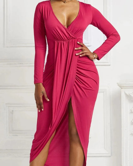 High-low Ruched Surplice Long Sleeve Dress