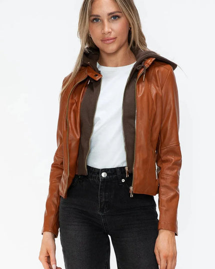 Snobbish Faux Leather Zip Up Drawstring Hooded Jacket - ShopEasier