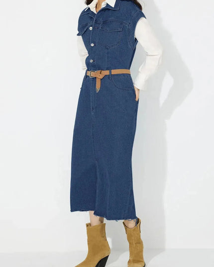 Slit Half Button Collared Neck Cap Sleeve Denim Dress - ShopEasier