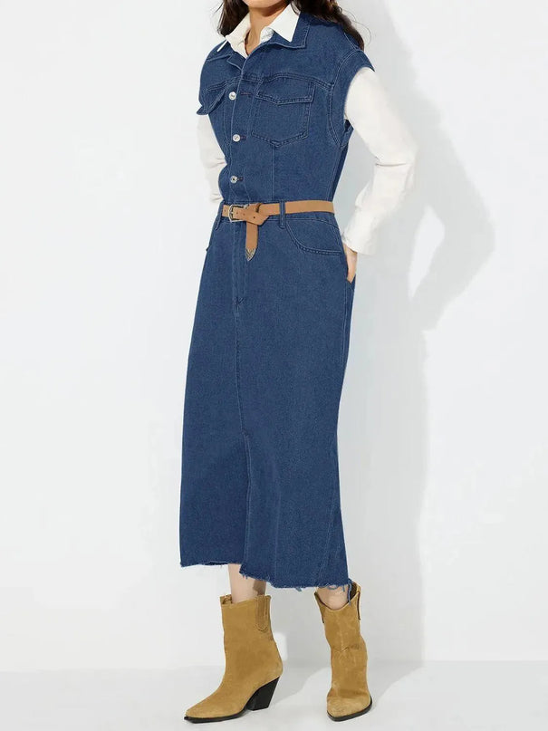 Slit Half Button Collared Neck Cap Sleeve Denim Dress - ShopEasier