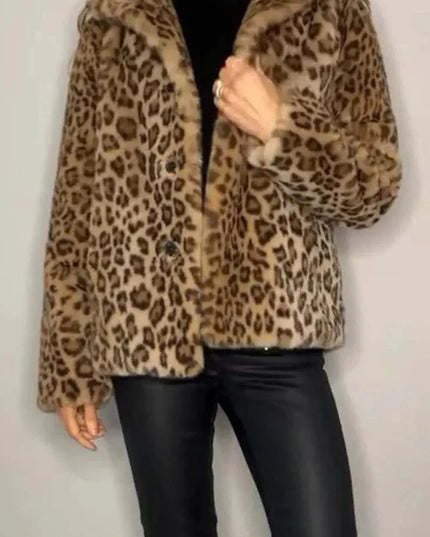 Full Size Leopard Furry Collared Neck Long Sleeve Coat - ShopEasier