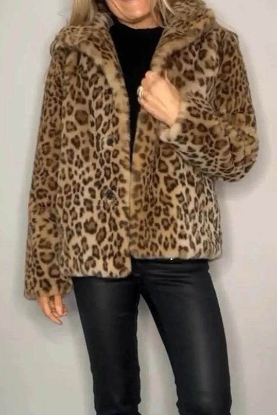 Full Size Leopard Furry Collared Neck Long Sleeve Coat - ShopEasier