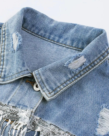 Sequin Fringe Trim Distressed Button Up Denim Jacket - ShopEasier