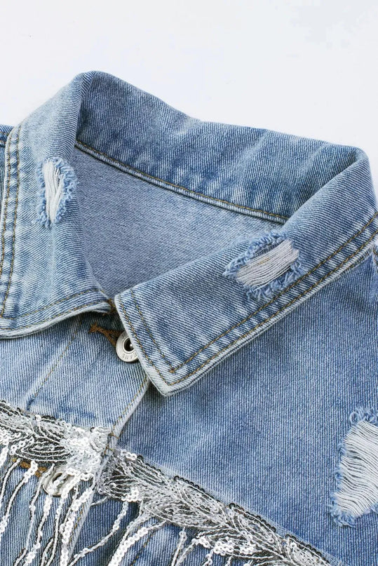 Sequin Fringe Trim Distressed Button Up Denim Jacket - ShopEasier